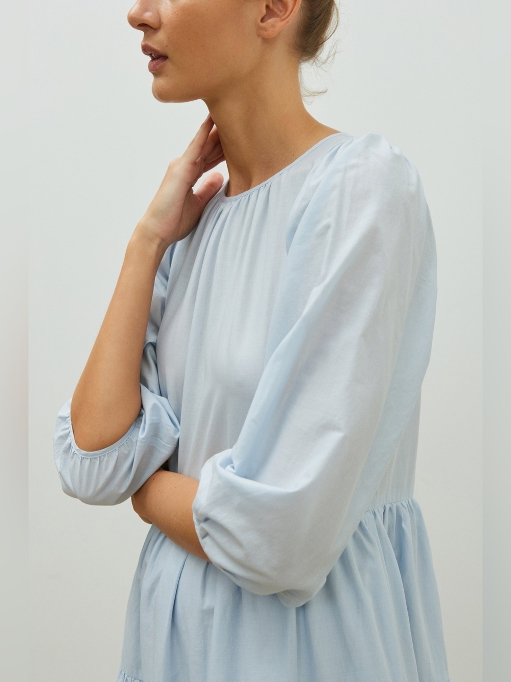SOMETHING TO HOLD 100% Japanese Organic Cotton Tiered Light Blue Pockets Dress - Picture 4 of 10